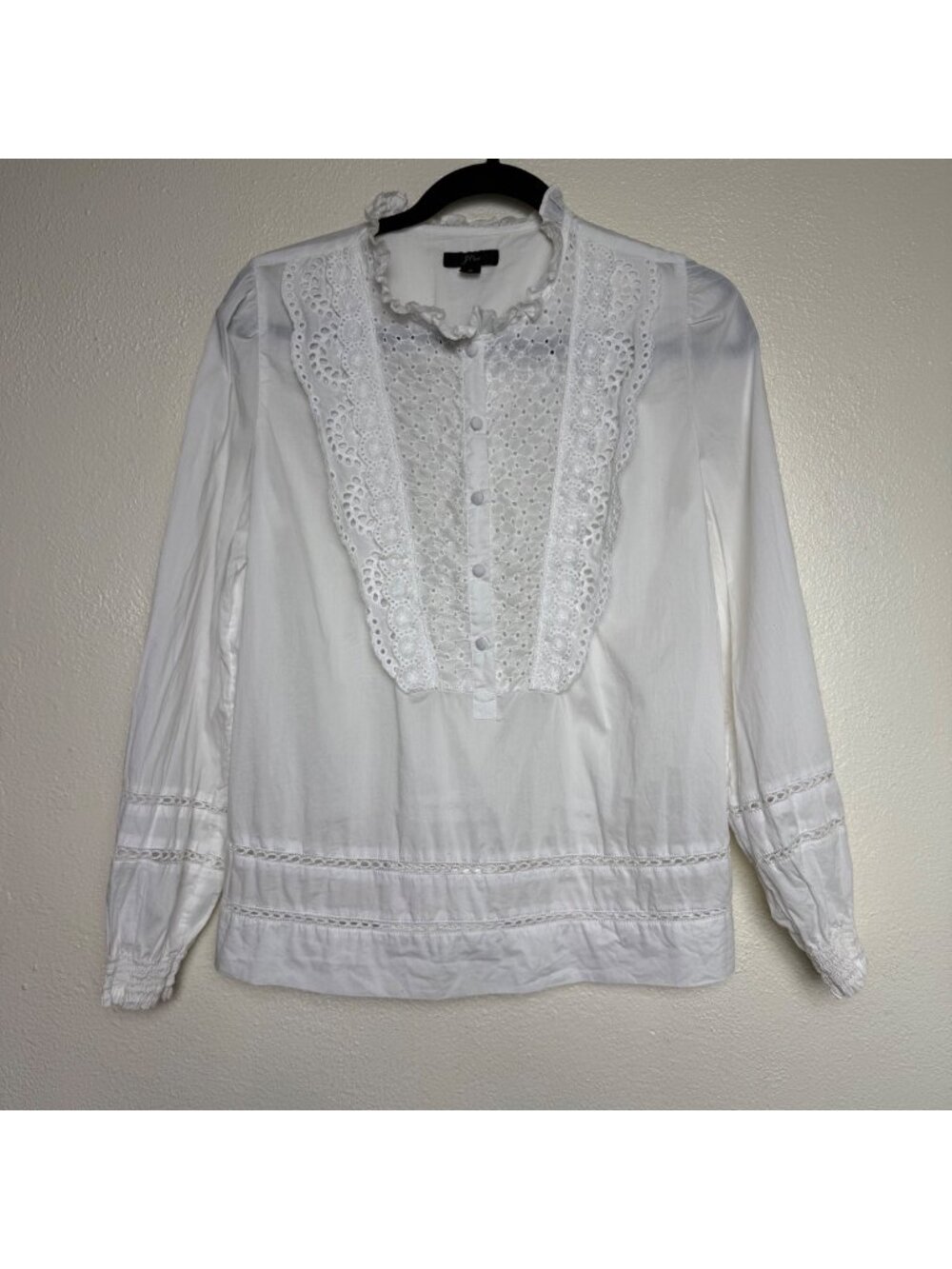 J.Crew Ruffle-Neck Eyelet Top Long Sleeve Cotton White Sz 8